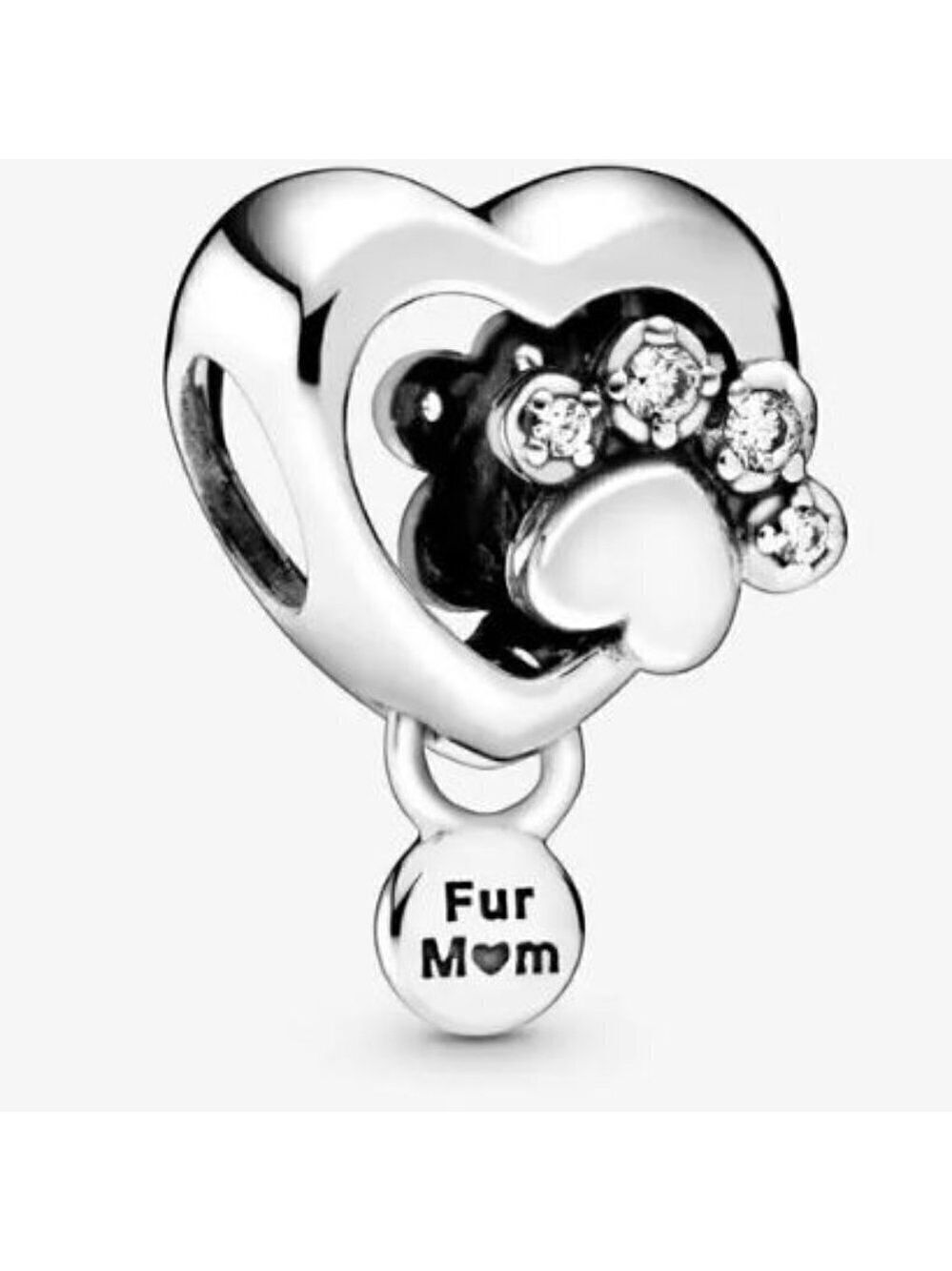 Sterling Silver Sparkling Paw Print & Heart Charm Fits Original Bra…